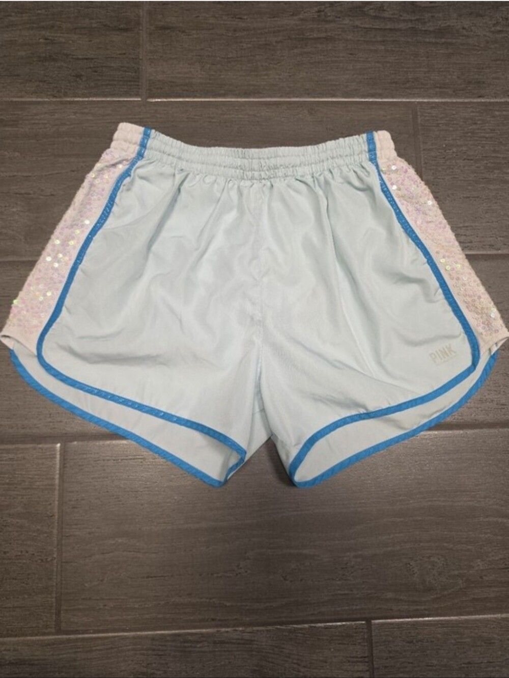 VICTORIA'S SECRET PINK Light Blue Sequins Side Panel Campus Running Shorts